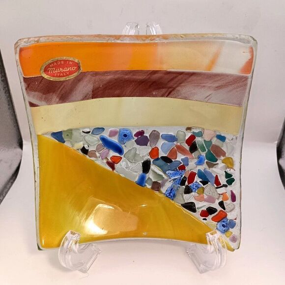 VTG Murano Italy Art Glass Plate Fused Mosaic Millefiori 5" Square Tray Sticker - Picture 4 of 6
